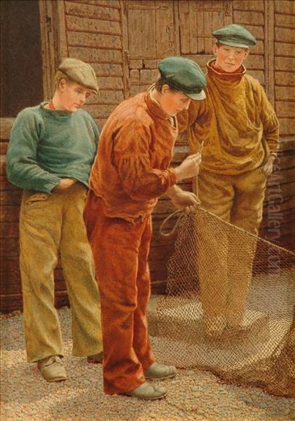 Fixing A New Line To The Old Net, Hastings Oil Painting by William Biscombe Gardner