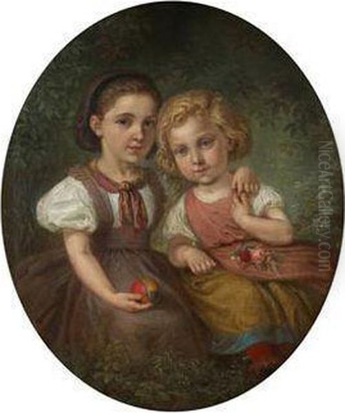 A Portrait Of Two Girls Oil Painting by Antonin Gareis