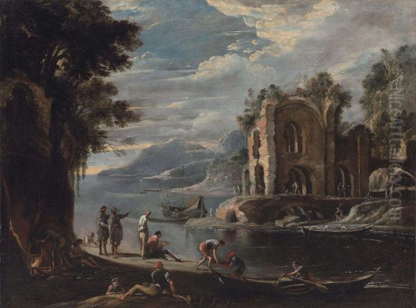 A Coastal Landscape With Ruins, Fishermen Unloading Their Catch Oil Painting by Domenico Gargiulo