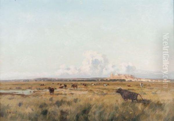 Taureaux En Camargue. Oil Painting by Joseph Garibaldi