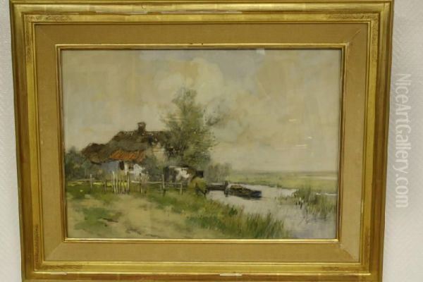 Boerderij En Vee Langs Poldersloot Oil Painting by Johannes Josephus Garjeanne