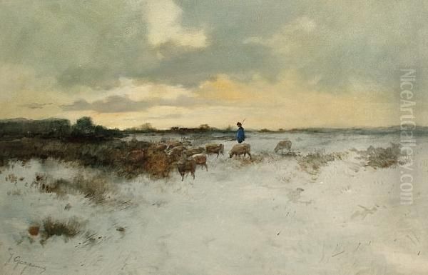 A Herdsman And His Cattle In A Winter Landscape Oil Painting by Johannes Josephus Garjeanne