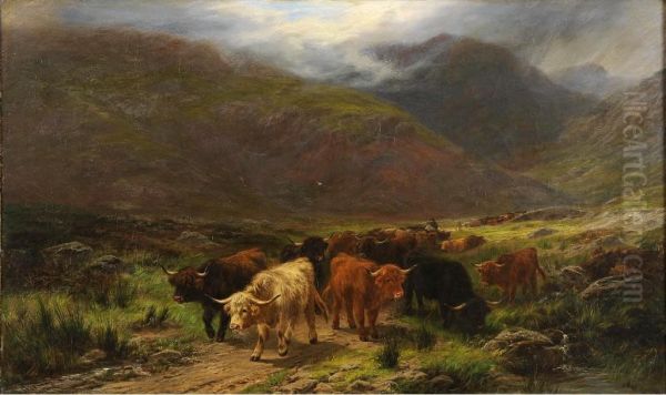 Herding Cattle In A Highland Glen Oil Painting by Henry Garland