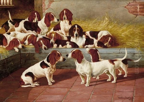 A Pack Of Basset Hounds Oil Painting by Valentine Thomas Garland