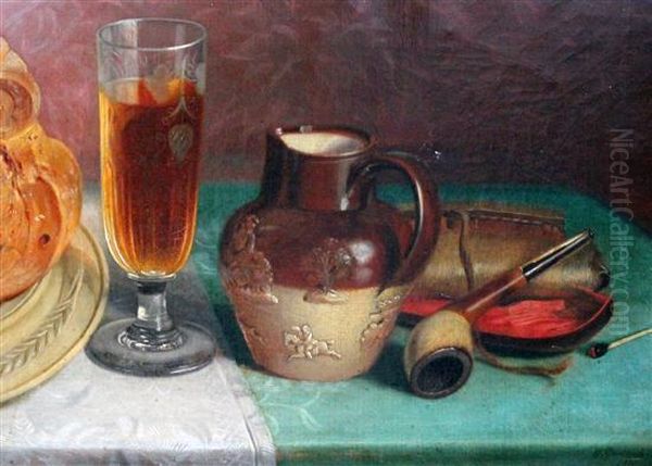 Still Life Of An Ale Glass, Jug And Tobacco Pouch Oil Painting by William Garland