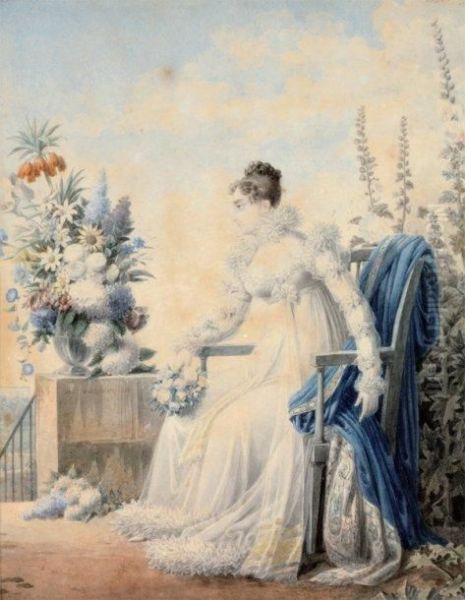 Portrait De Josephine Assise Sur Une Terrasse Fleurie Oil Painting by Auguste Simon Garneray