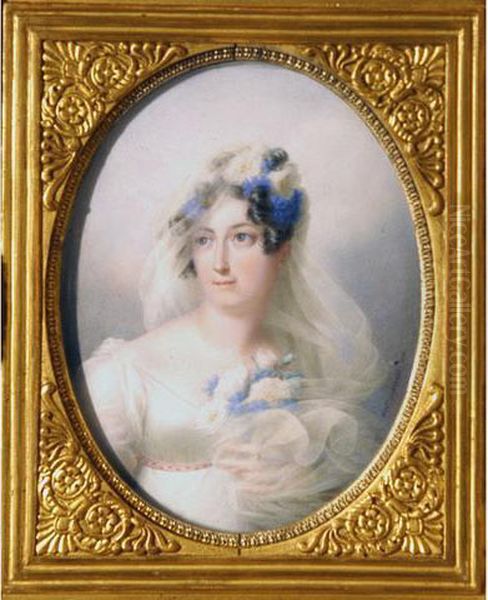 Portrait De Jeune Femme Aux Roses Blanches Et Aux Bleuets. Oil Painting by Auguste Simon Garneray