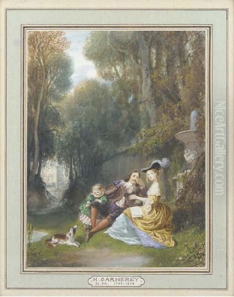 Elegant Figures In A Garden Oil Painting by Hippolyte Garneray