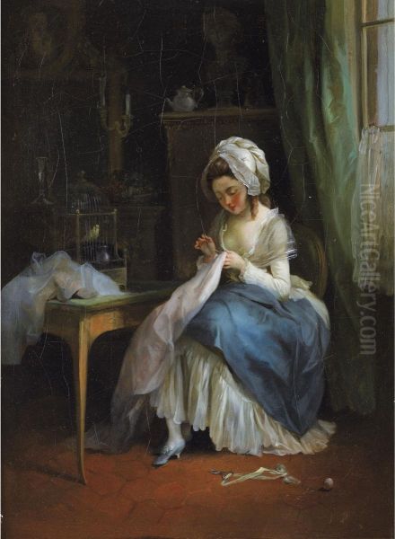 Jeune Fille Brodant Dans Un Interieur Oil Painting by Jean-Francois Garneray