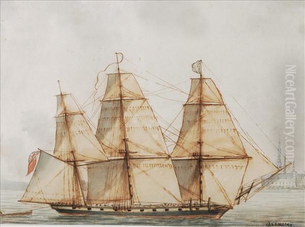 A Clipper In Full Sail Off The Coast Oil Painting by Jean-Francois Garneray