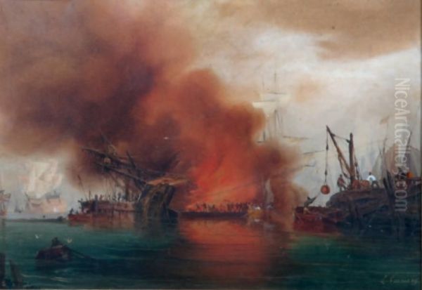 Bateau En Feu Au Port Oil Painting by Ambroise-Louis Garneray