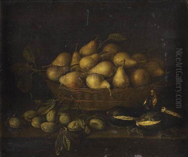 Nature Morte Au Panier De Poires, Amandes Et Figues Sur Un Entablement De Bois Oil Painting by Francois Garnier