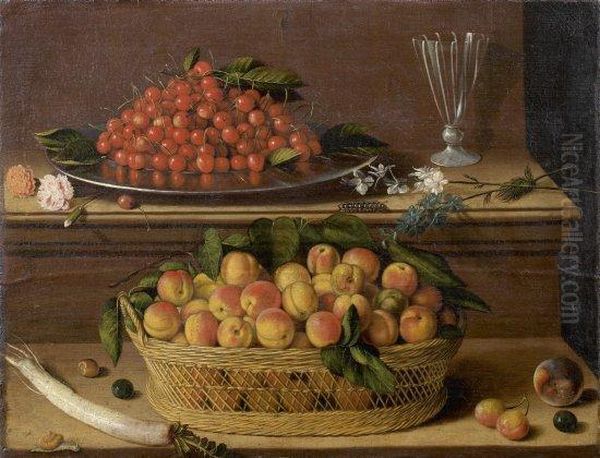 Nature Morte Au Panier D'abricots, Au Plat De Cerises Et Aux Fleurs Disposees Sur Deux Entablements Oil Painting by Francois Garnier