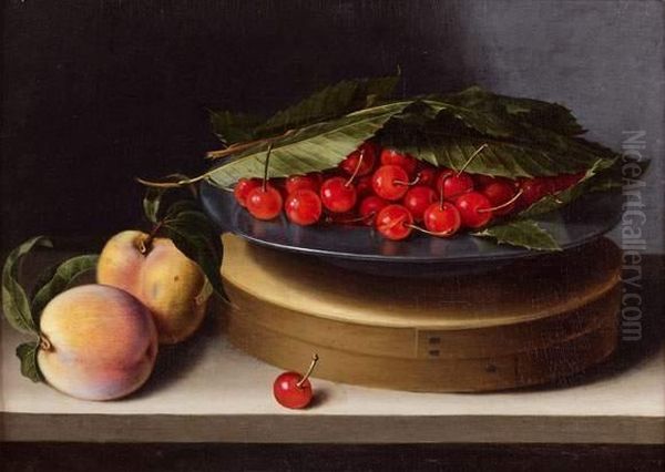 Nature Morte Au Plat De Cerises Sous Des Feuilles De Chataigniers Pose Sur Une Boite De Copeaux Pres De Deux Peches Oil Painting by Francois Garnier