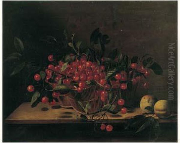 Nature Morte Au Panier De Cerises Et Peches Sur Un
 Entablement Oil Painting by Francois Garnier