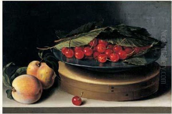 Nature Morte Au Plat De Cerises Sous Des Feuilles De Chataigniers
 Pose Sur Une Boite De Copeaux Pres De Deux Peches Oil Painting by Francois Garnier