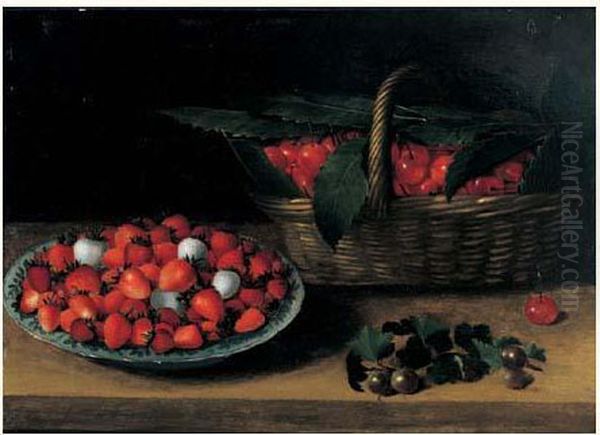 Nature Morte Au Panier De Cerises Et A La Coupe De Fraises Sur Un
 Entablement Oil Painting by Francois Garnier