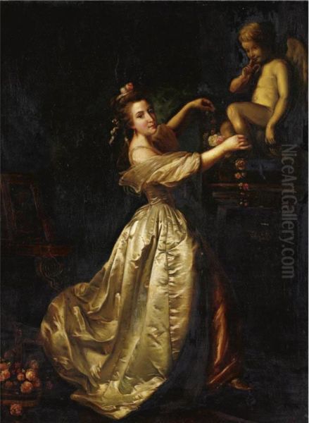 Lady In An Interior With The Statue Of A Putto by Michel Garnier