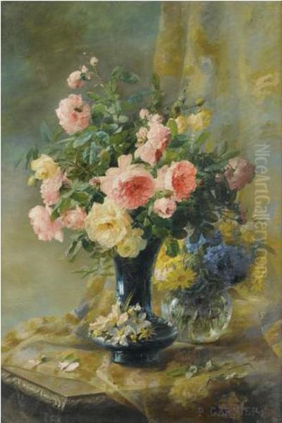 Vase De Roses Et Vase De Myosotis Oil Painting by Pierre Garnier