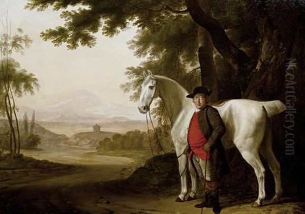 A Grey Held By Its Owner In A Landscape Oil Painting by George Garrard