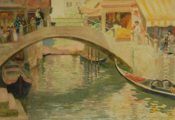 Venetian Canal Scene With Figures Along A Bridge Oil Painting by Edmund Henry Garrett