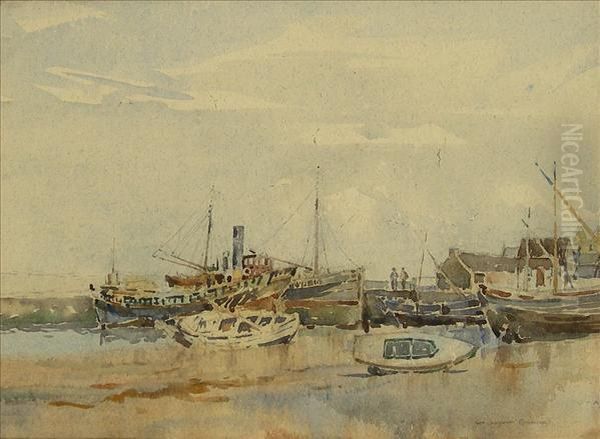 Fishingboats At Low Tide, Figures On The Quay Oil Painting by William Arthur Garrick