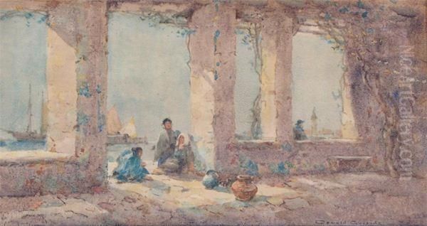 Figures Under A Colonnade In A Harbour Oil Painting by Oswald Garside