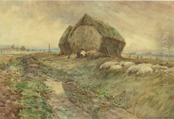 Shepherd And Flock By A Haystack Evening Oil Painting by Oswald Garside