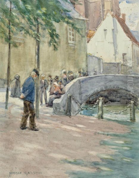 Figures By A Bridge, Brittany Oil Painting by Norman Garstin