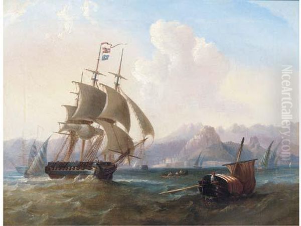 A British Frigate Amidst Native Craft Off Corfu Oil Painting by William Garthwaite