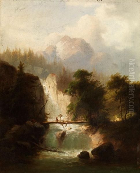 Wasserfall Mit Holzbrucke Imgebirge Oil Painting by Heinrich Gartner