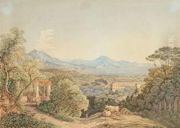 View From A Bank To The Bay Of Naples With The Vesuv Oil Painting by Heinrich Gartner