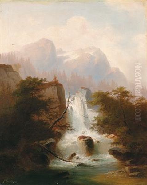 Hochgebirgslandschaft Mit Einem Wasserfall Oil Painting by J. Gartner