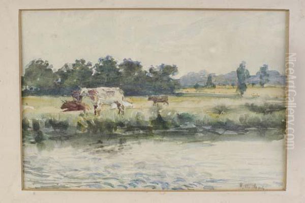 Summer River Landscape With Cattle Grazing Oil Painting by Walter Bonner Gash