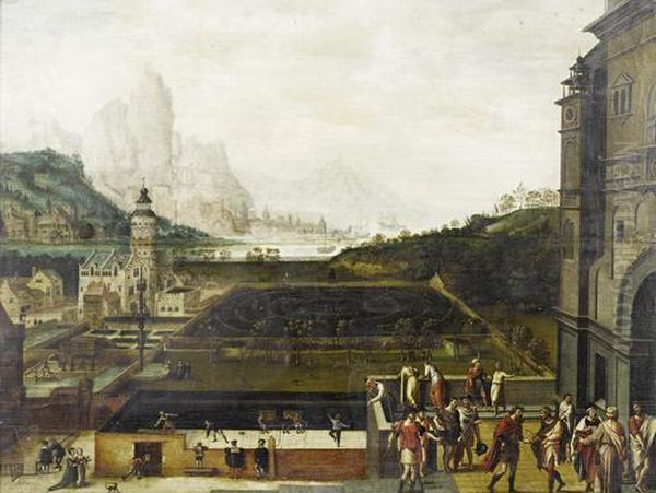 The Grounds Of A Renaissance Palace Withepisodes From The Story Of David And Bathsheba, An Extensivelandscape With Mountains And A Harbour Beyond Oil Painting by Lucas van Valckenborch