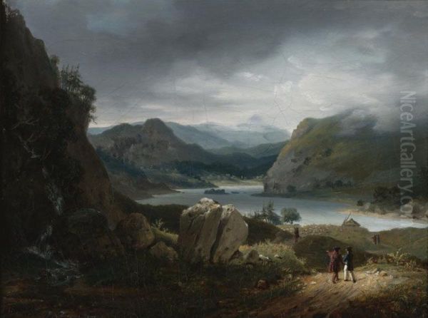 A View Of Loch Lomond, Scotland, With Figures On A Path In The Foreground Oil Painting by Jean Bruno Gassies