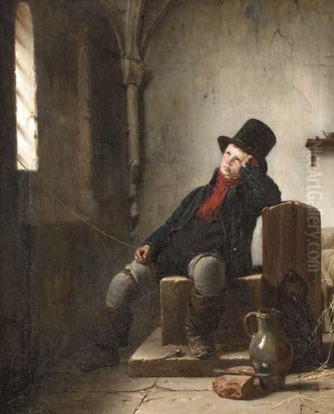 'an Allegory Of Freedom' Or A Boy In An Interior With A Top Hat Oil Painting by Jean Bruno Gassies