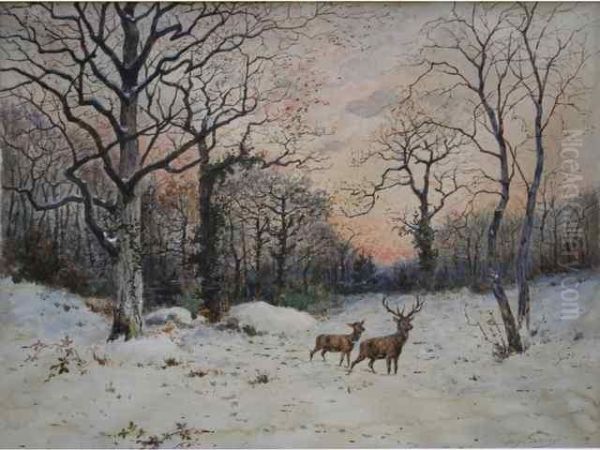 Cerfs En Sous-bois Dans La Neige Oil Painting by Jean-Baptiste-Georges Gassies