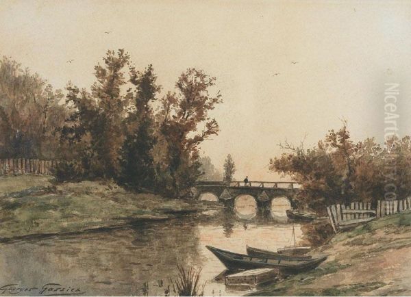 River Scene With Moored Punts And Figure On A Bridge Oil Painting by Jean-Baptiste-Georges Gassies