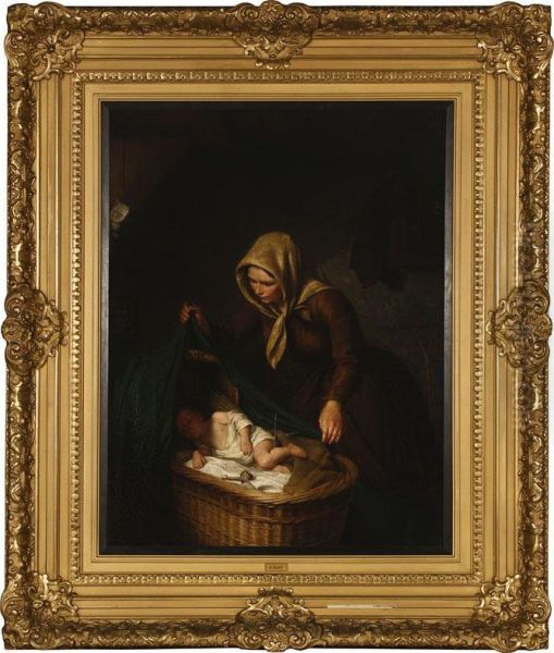 Mother Adjusting A Blanket Over A Sleeping Child's Crib In An Interior Oil Painting by John Gast