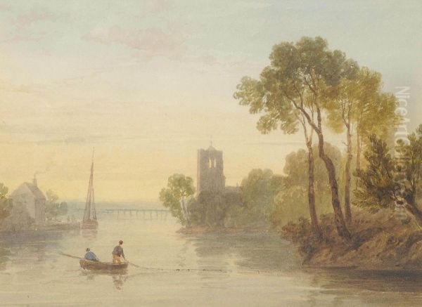 A River Landscape With Fishermen Oil Painting by Henry G. Gastineau