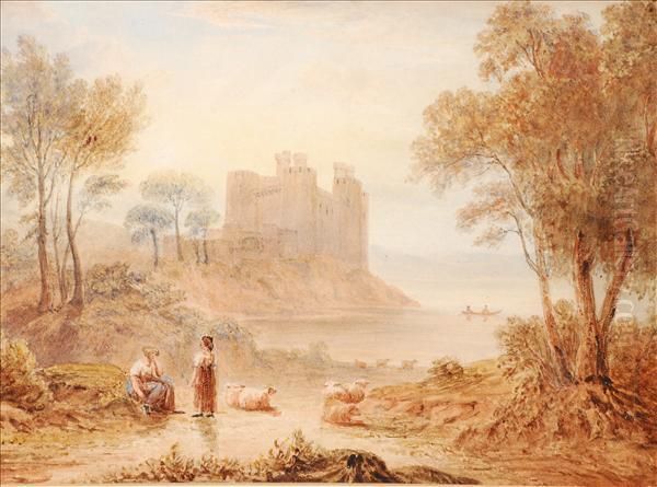 Estuary Scene With Figures And Cattle Near A Castle Oil Painting by Henry G. Gastineau