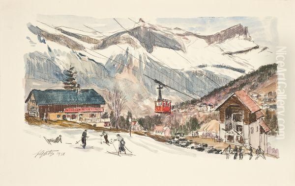 Station De Ski Avec Telepherique Oil Painting by Pierre Gatier