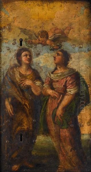 The Virgin And Saint Anne Receiving Floral Crowns From An Angel Oil Painting by Bernardino Gatti, Il Sojaro