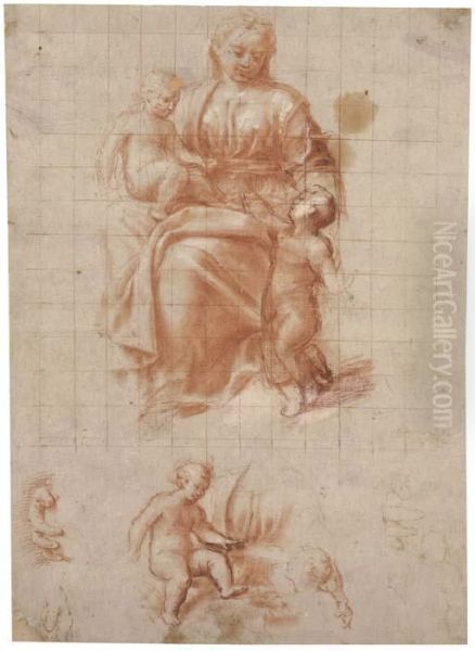 The Madonna And Child With The Infant Baptist, With Subsidiarystudies Of The Infants And Of The Madonna's Hands Oil Painting by Bernardino Gatti, Il Sojaro