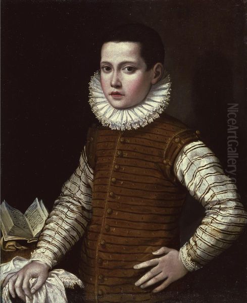 Portrait Of A Young Boy, Half Length, His Hand Resting On A Ledge Beside An Open Book Oil Painting by Gervasio Gatti