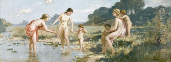 Arkadische Szene Mit Frauen Und Kindern An Einem Bach Oil Painting by Leon Gaud