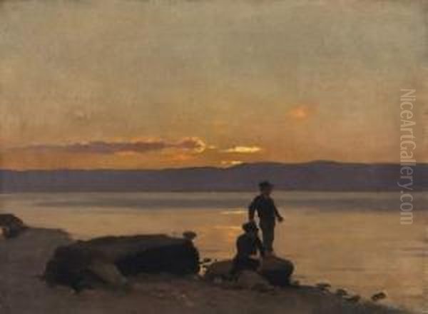 Deux Enfants Au Bord Du Leman Au Coucher Du Soleil Oil Painting by Leon Gaud