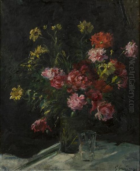 Natura Morta Con Fiori In Un Vaso E Bicchiere Oil Painting by Giuseppe Gaudenzi