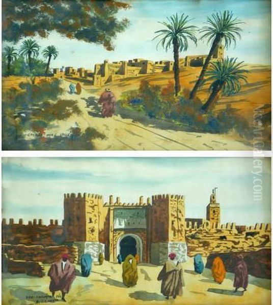 Paire D'aquarelles Orientalistes Animees Representant La Casbah Et Fez Oil Painting by A. Gauderon